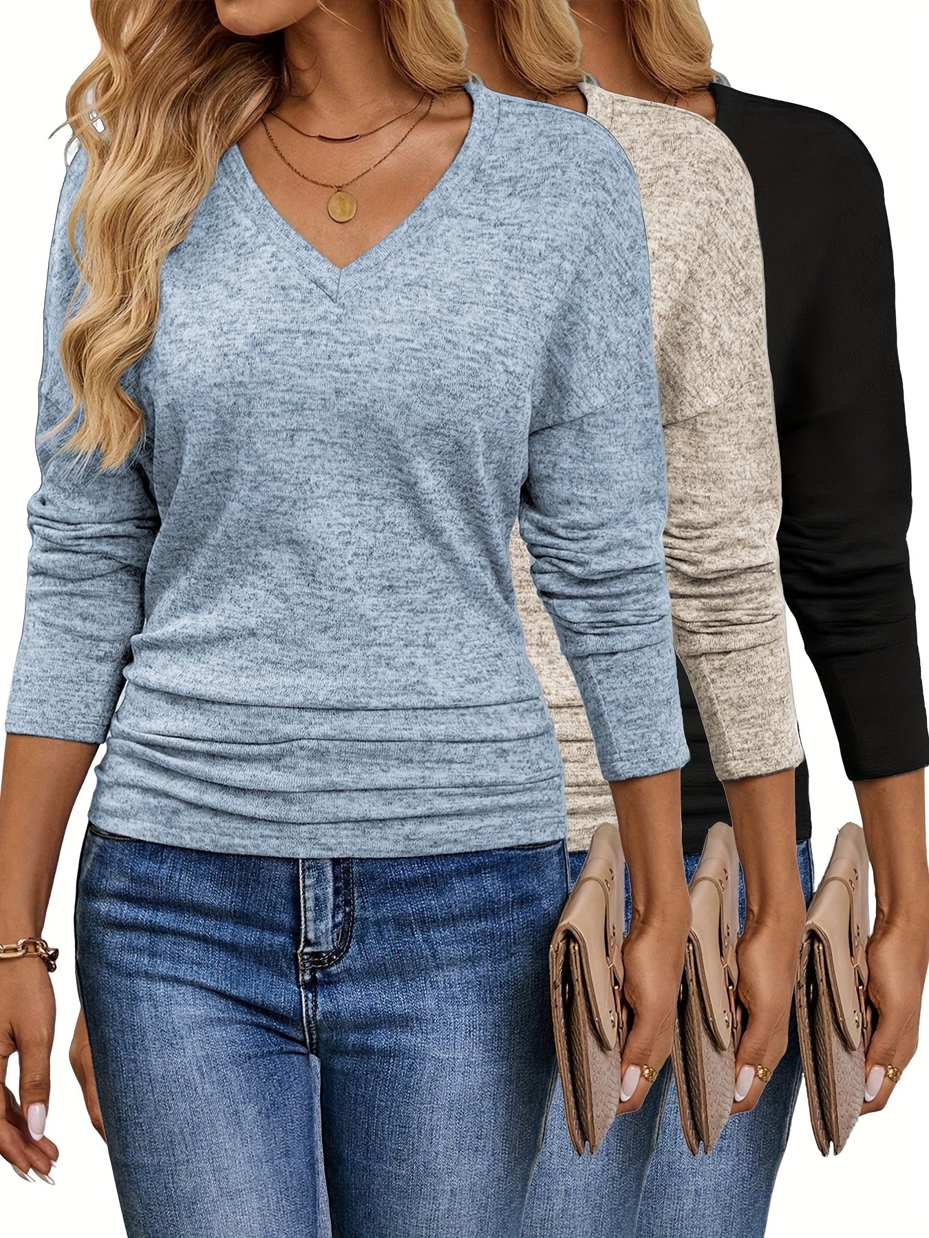 Maura™ | Camiseta suave y elástica con cuello en V | Paquete de 3 colores