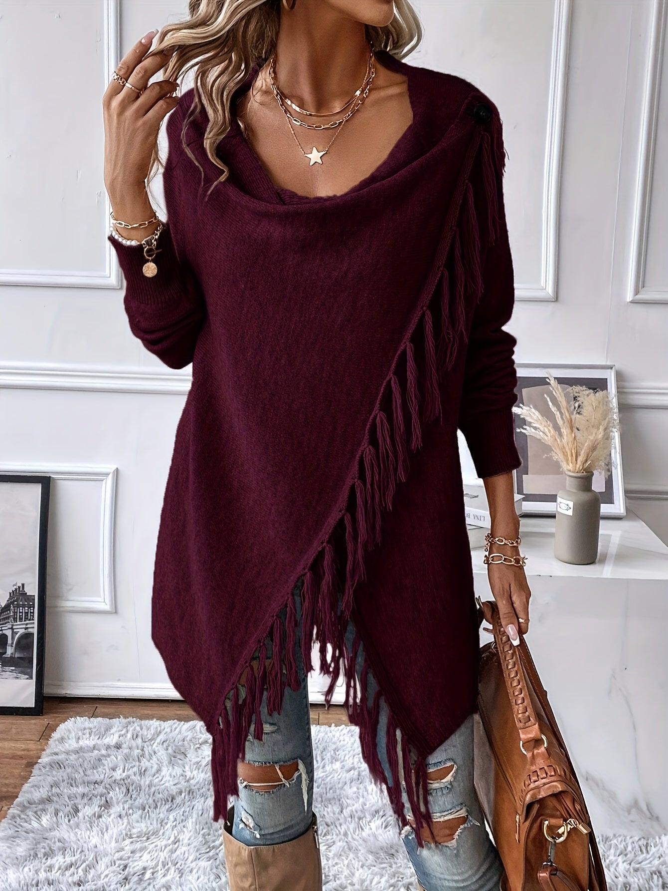 Arabelle™ | Chal Elegante con Cuello Drapado y Flecos