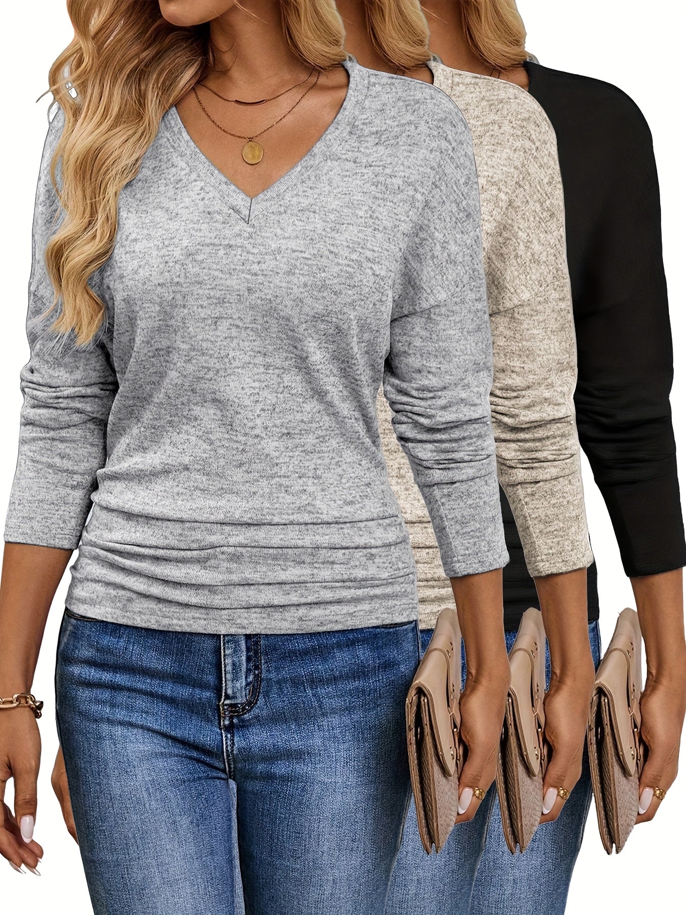 Maura™ | Camiseta suave y elástica con cuello en V | Paquete de 3 colores