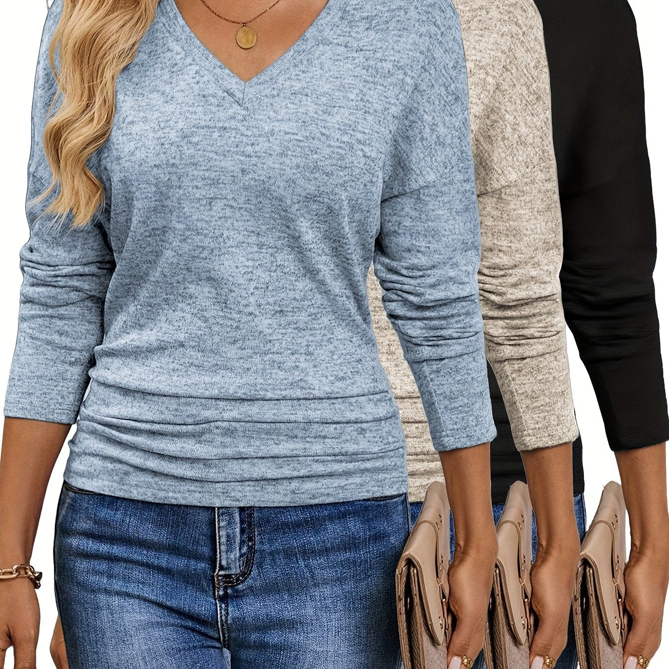 Maura™ | Camiseta suave y elástica con cuello en V | Paquete de 3 colores