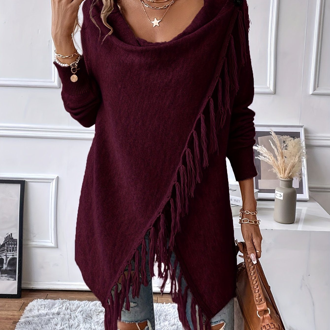 Arabelle™ | Chal Elegante con Cuello Drapado y Flecos