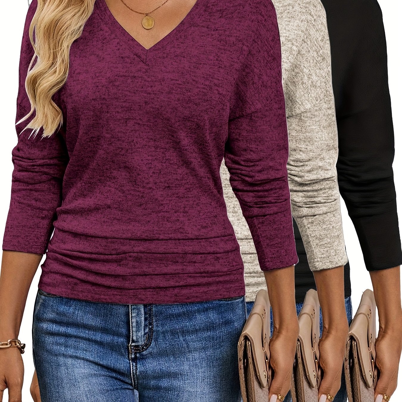 Maura™ | Camiseta suave y elástica con cuello en V | Paquete de 3 colores